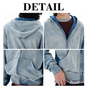 OEM personalizado Casual Streetwear hombres Zip up Stone Washed Sudadera con capucha desgastada recortada de gran tamaño doble cremallera Sudadera con capucha para los hombres - Product Image 3