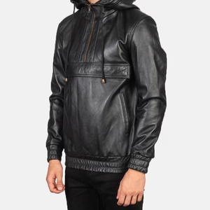 Dernier modèle de sweat à capuche en cuir pour homme à bas prix/Sweat à capuche personnalisé en cuir de couleur unie pour homme avec demi-fermeture éclair - Product Image 2