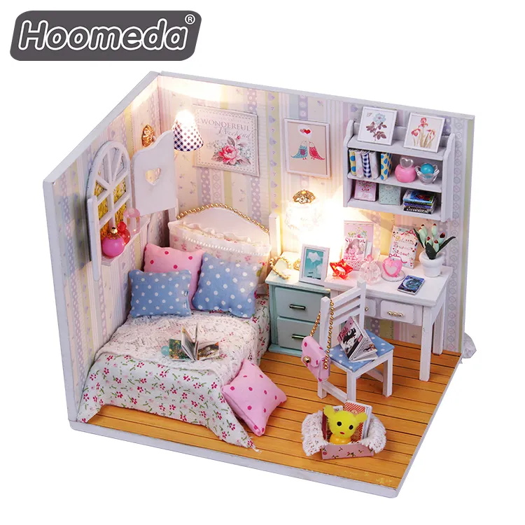Hongda บ้านตุ๊กตา DIY สีชมพู บ้านตุ๊กตาจิ๋ว ชุดบ้านตุ๊กตาไม้สําหรับเด็กผู้หญิง