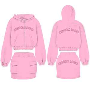 Ensemble deux pièces pour femme avec logo personnalisé, sweat à capuche à manches courtes et jupe, 100% coton, streetwear décontracté et confortable - Product Image 3