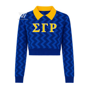 Grec Sigma Gamma Rho Sororité Brodé Zig Zag Tricoté Hybride Col Rabattu Crop College Cardigan Pull En Coton - Product Image 1