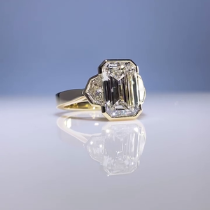 IGI Certified Women's Emerald Cut Engagement <b>Ring</b> with Lab Grown Side Stones Yellow Gold Bezel <b>Diamond</b> <b>Rings</b> - Product Image 4