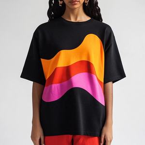 T-shirt d'été oversize en coton doux imprimé de vagues abstraites, col rond, épaules tombantes, demi-manches, noir, décontracté pour femmes - Product Image 1