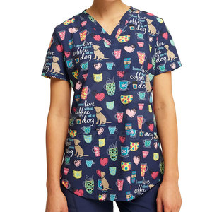 KATBROS INDUSTRY Women 100% Cotton Coffee Dog Print <b>Scrub</b> <b>Tops</b> V-Neck Short Sleeve Medical Uniforms - Product Image 1