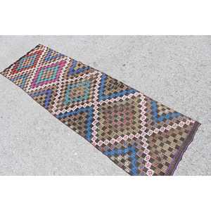 2.3x7.6 ft Rug, Vintage Turkish Rug, <b>Brown</b> Striped <b>Wool</b> Rug - Product Image 4