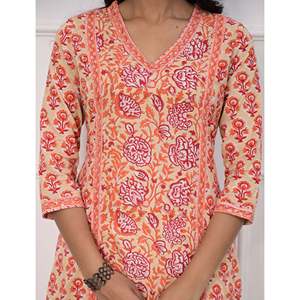 Kurti Recto de Algodón Estampado con Bloques Rosa Jaal, Saree Indio para Uso Diario con Salwar Kameez Estilo Pakistaní Cosido - Product Image 2