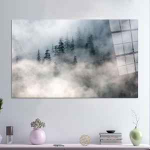 Póster Impreso en Lienzo de Paisaje de Bosque Brumoso, Arte Mural de Pinos Tranquilos, Arte en Vidrio Templado - Product Image 1