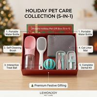 Coffret Cadeau de Vacances pour Animaux 5-en-1 : Bouteille d'Eau Portable en Plastique, Brosse de Toilettage pour Chien, Jouet Distributeur de Friandises, Balle, Tapis de Litière pour Chat, Soins Dentaires