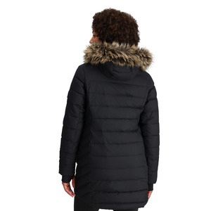 Women's Long <b>Quilted</b> Winter Jacket With Fur Trim Hood Black Full Sleeve Polyester <b>Wadding</b> Zipper Closure - Product Image 2