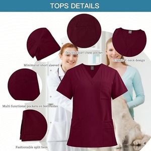 Top con cuello en V para mujer y pantalón con cordón, conjunto de uniforme médico con múltiples bolsillos hecho de Spandex - Product Image 2