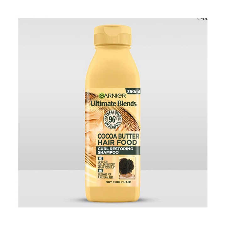Cleanse and define your curls with Garnier Ultimate Blends Hair Food 350ml Shampoo Cocoa Butter formula