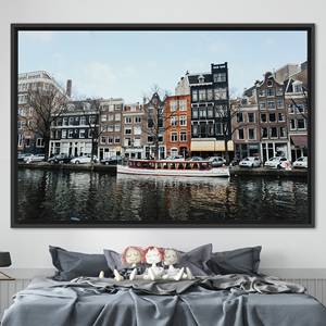 Tableau imprimé sur toile : Décoration murale moderne sur le thème du canal d'Amsterdam, 1P : encadré noir - Product Image 1
