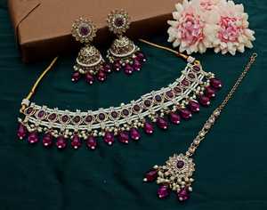 Nouveau design plaqué or traditionnel perle et goutte Kundan clouté Jumkha boucle d'oreille Mangtika collier ras du cou ensemble et ensemble de bijoux femme - Product Image 4