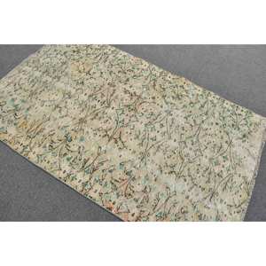 Tapis turc vintage 3.8x6,3 pieds classique grande surface vert beige en laine avec motif rectangle abstrait soutenu en latex pour une utilisation dans le couloir - Product Image 4