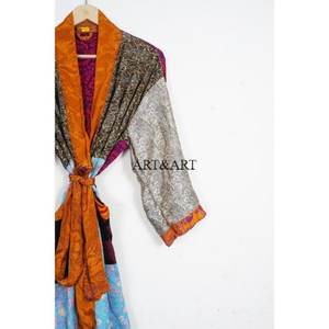 Luxury Silk Kimono <b>Robe</b> Loungewear Gift Boho Festival Wear Daily Wear Sexy Handmade Vintage Sari 3/4 Sleeve Beach Coverup Summer - Product Image 3