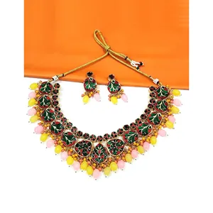 Ensemble de collier vintage jaune rose Kundan pour femmes, plaqué or, avec perles et diamants, pour cadeau de mariage, bijoux fins pour mariée - Product Image 4