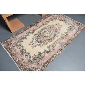 3.8x6.7 ft Vintage Rug, Turkish Rug, <b>Brown</b> Polka dot <b>Wool</b> Rug - Product Image 2