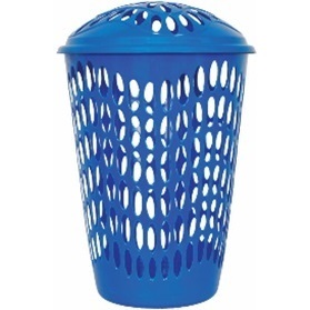 White/Blue Round Laundry <b>Basket</b> with Lid <b>Plastic</b> Bamboo Clothing Organizer for Bathroom Standing Type Storage <b>Baskets</b> for Bags - Product Image 1