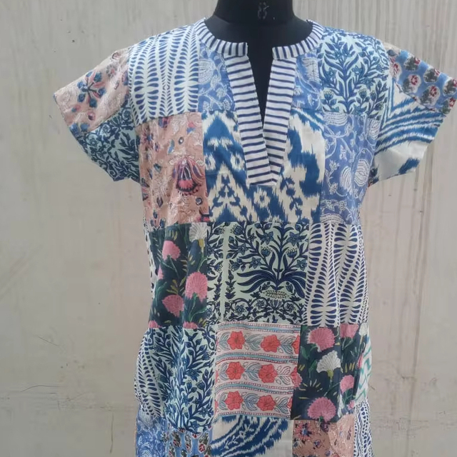 New Style Women's Cotton Patchwork Maxi Dress Hand-Block Printed Casual Shirt Dress for Daily Wear for Summer