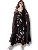 Abaya Caftan Longue en Chiffon et Velours, Modèle A-Line, Style Arabe, Modeste, Unie, avec Broderie Fantaisie, Paillettes et Cristaux, Longueur Ras du Sol