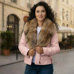 Blouson aviateur en cuir fin coupe-vent à carreaux pour femme avec fermeture éclair et col en fourrure de renard, blouson de motard d'hiver - Product Image 2