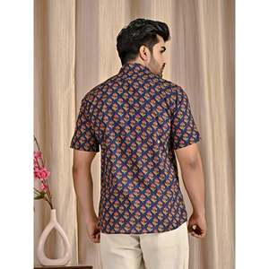 Chemise à manches courtes en coton imprimé bleu marine, tissu popeline 100%, col boutonné, style décontracté, taille 6XL, chemises habillées pour hommes ODM - Product Image 6