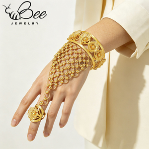 Luxury 24K Gold Hollow Flower Wrists Bracelet <b>Ring</b> <b>Arab</b> Bridal Beaded Big Hand Chain Finger Jewelry Set for Women - Product Image 6