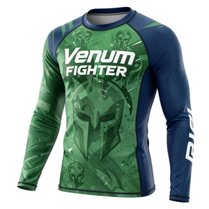 เสื้อรัดกล้ามเนื้อแขนยาว Venum Fighter สีเขียว-น้ำเงิน พิมพ์ลายแบบ Sublimation แห้งเร็ว สำหรับผู้ชาย เสื้อฝึกซ้อม MMA Venum Fighter Rash Guard - Product Image 4
