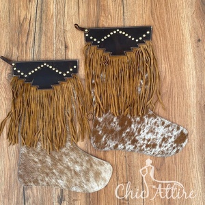 Venta caliente de cuero genuino vaquero calcetín de Navidad marrón con flecos largos 16 "pelo grande en medias de árbol de Navidad de cuero de vaca - Product Image 1