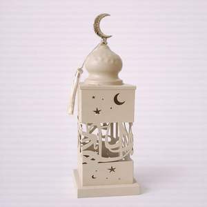 Lanterne de Ramadan élégante en métal beige avec motif géométrique en forme de croissant de lune, porte-bougie, décoration festive pour la maison, cadeau - Product Image 5