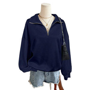 <b>Navy</b> Acid Wash Half Zip Women's Hoodies 100% Cotton Fleece Pullover Breathable Anti-Wrinkle Soft Streetwear Autumn Front OEM - Product Image 1