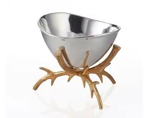 Bol de service moderne et luxueux en acier inoxydable avec piédestal de branche en feuille d'or Bol à fruits unique avec cuillère en forme de branche d'or - Product Image 4