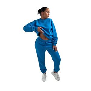 Surdimensionné personnalisé bleu 2 pièces femmes col rond sweat chemise à revers jogger ensemble respirant à capuche et pantalons de survêtement femmes survêtement ensemble - Product Image 1