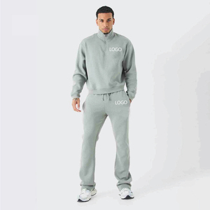Conjunto de Sudadera con Cierre de 1/4 y Pantalones Deportivos Acampanados, 100% Algodón, con Logotipo Personalizado Estampado, Diseño Corto Holgado, Informal, para Entrenamiento, para Hombre y Mujer - Product Image 1