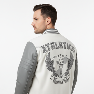 Hot Sale Custom Grey Varsity <b>Jackets</b> | Wool Body | <b>Men's</b> <b>Summer</b> Fashion <b>Jackets</b> Wholesale Front Logo Windproof & Breathable - Product Image 6