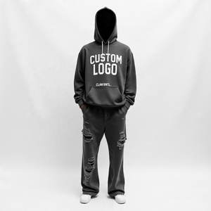 Custom Rhinestone Baggy Hoodie y pantalones de chándal Jogger Conjunto de dos piezas Dtg Print Sweat Suit Vintage Acid Wash Hombres Chándales - Product Image 3