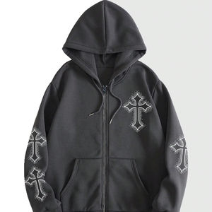 Sweat à capuche décontracté en coton éponge personnalisé avec strass, vêtements de mode, sweats à capuche en coton mélangé avec strass de grande taille - Product Image 1