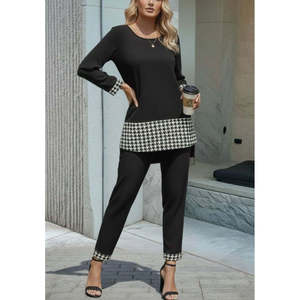 Conjunto de dos piezas de blusa y pantalón de viscosa de dos hilos con detalle de pata de gallo y cuello redondo de manga larga para mujer, 31835 - Negro - Product Image 3
