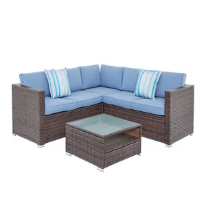 4 Piece Outdoor Furniture Set All-Weather Wicker Sectional Sofa Thick Cushions Glass Coffee Table 2 Teal Pattern Pillows