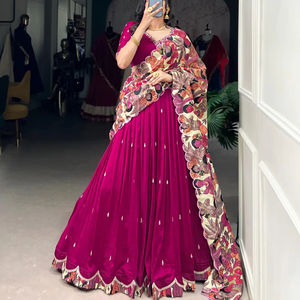 Diseñador Vichitra Silk Lehenga Choli Impresión digital para el verano Fiestas de bodas festivas Diseñador Dupatta para novias Pedidos a granel - Product Image 1