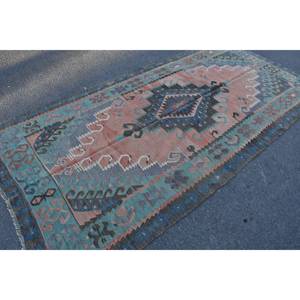 Alfombra Kilim turca Vintage de 4,9x9,9 pies, alfombra de lana tejida plana azul y rosa, patrón de retazos para decoración de sala de estar, respaldo de látex - Product Image 2