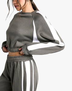 Nouveau arrivé 2026 100% coton femmes 2 pièces ensemble personnalisé sérigraphié logo sweat à capuche court et pantalon avec panals latéraux dames ensemble - Product Image 5