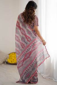 Elegante Sari de Seda Georgette con Estampado Floral, Borde de Zari, Secado Rápido, para Todas las Temporadas, para Fiestas de Graduación, Playa y Otras Ocasiones, para Mujer - Product Image 5