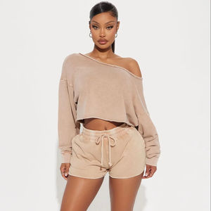 OEM <b>Women</b> Acid Wash Sun Faded <b>Baggy</b> Off Shoulder Crop Sweat <b>Shirt</b> and Sweat Shorts French Terry - Product Image 1