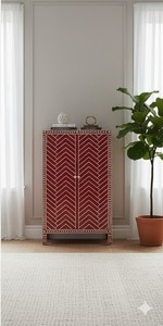 Gabinete de Almacenamiento Rectangular de Lujo Ecológico con Incrustaciones de Hueso Rojo, Diseño Chevron Hecho a Mano para Decoración de Sala de Estar Moderna - Product Image 3