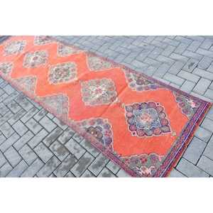 Turkish <b>Runner</b> Rug 3.1x10.2 ft, <b>Red</b> Blue Floral Rug Wool - Product Image 4
