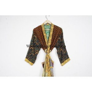 Magnifique kimono long en soie pure, couvre-maillot de plage, été, confortable, doux, motif floral, fermeture à cordon, vacances, femmes - Product Image 2
