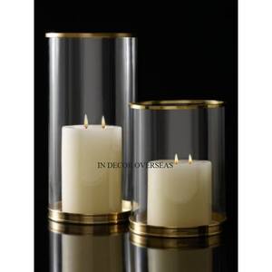 Hojas de diseñador chapado en oro de metal y vidrio transparente hecho Hogar y mesa de hotel centro de mesa huracán portavelas de La India - Product Image 3