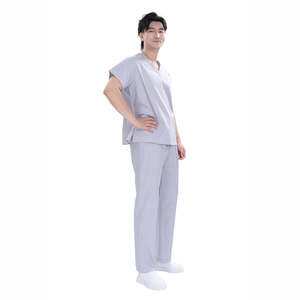 Ensemble de blouses médicales unisexe gris en polyester extensible 4 directions à manches courtes, modèle OEM, logo personnalisé, marque privée, taille 3XL, bas de tenue chirurgical - Product Image 2