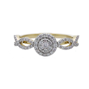 14K Yellow Gold Natural Diamond Ring with Twisted <b>Infinity</b> Band Sparkling Diamonds Accenting Halo Cluster Center - Product Image 1